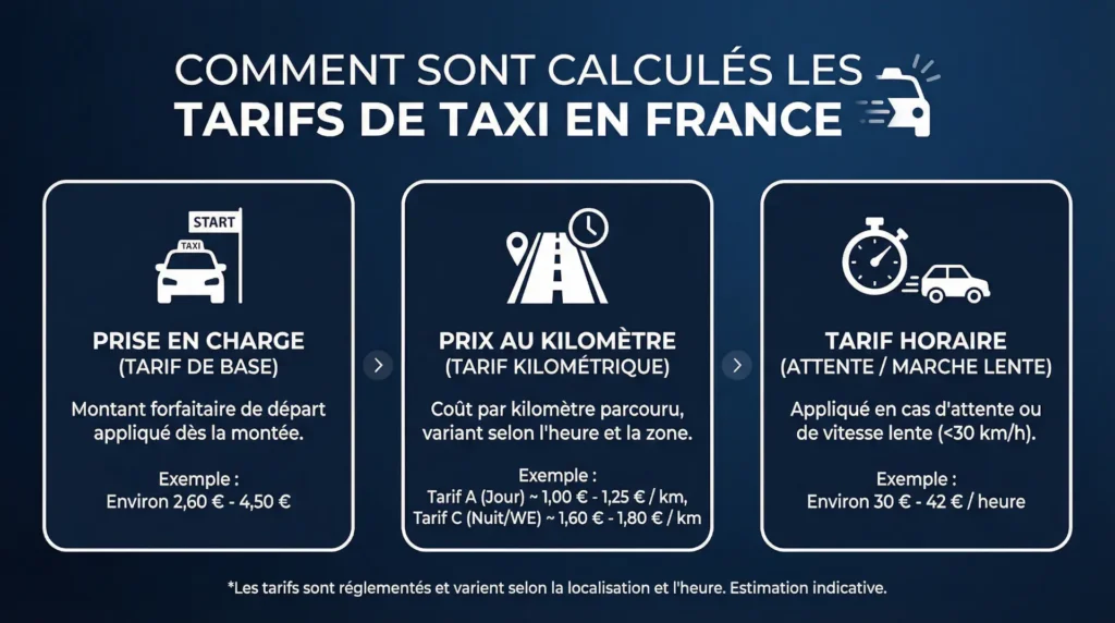 Schéma pédagogique du calcul d’un tarif taxi